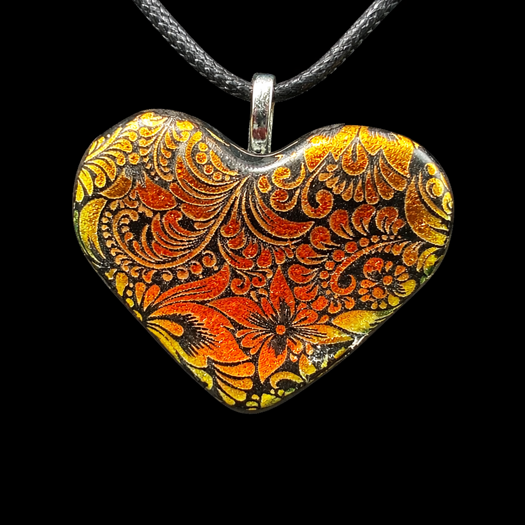 973-Copper Floral Dichroic Glass Heart