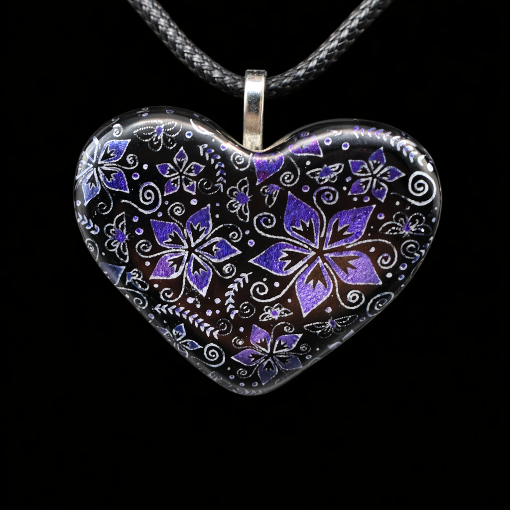 974- Purple Flower Dichroic Glass Heart