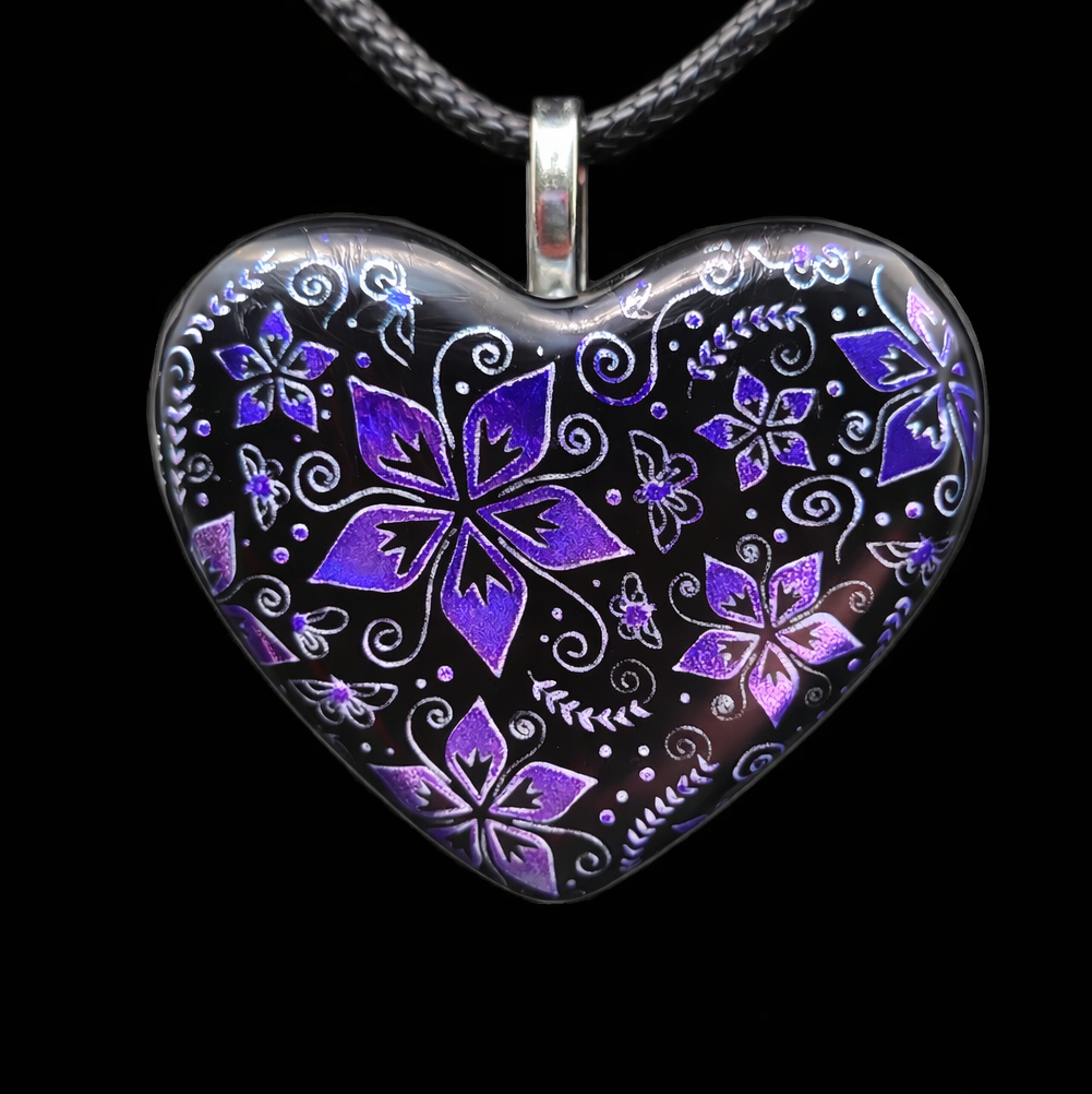 989-Purple Flower Dichroic Heart Pendant