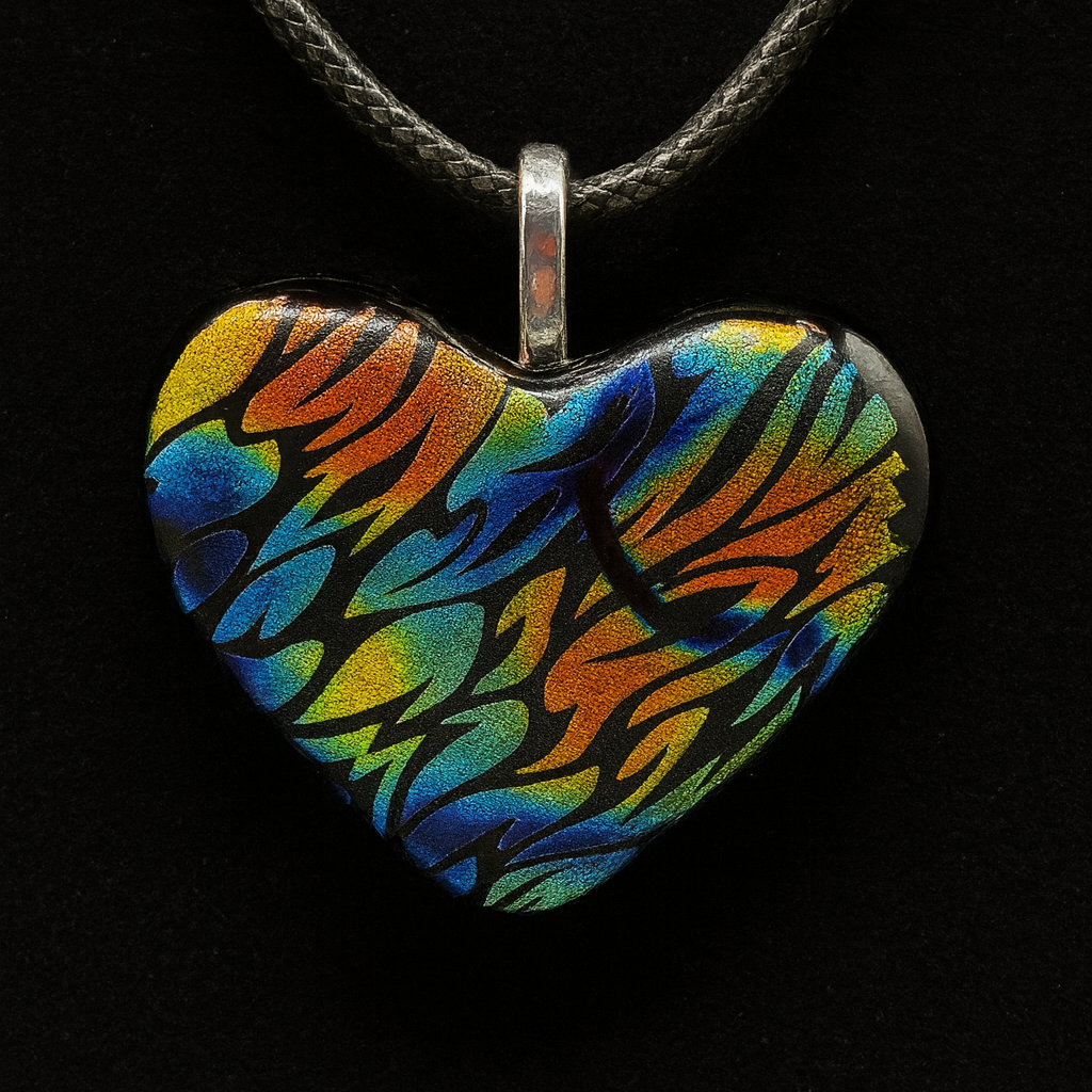 950- Multicolored Flames Dichroic Heart Pendant