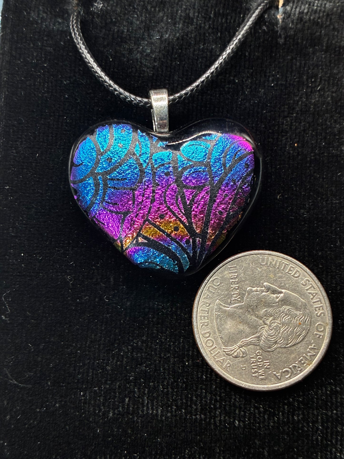 906-Multicolored Dichroic fused glass heart PENDANT.