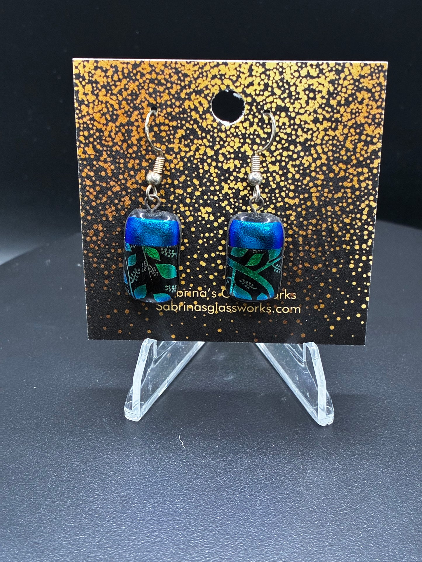 475-Blue and green vine Dichroic glass earrings
