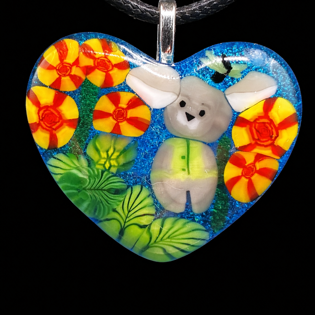 109-Blue glass Murrini glass pendant with orange flowers and bunny