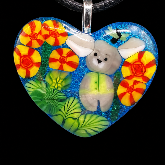 109-Blue glass Murrini glass pendant with orange flowers and bunny