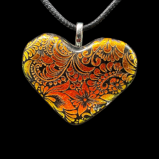 973-Copper Floral Dichroic Glass Heart