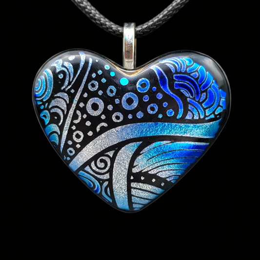 982-Cool Silver and Blue Dichroic Heart Pendant