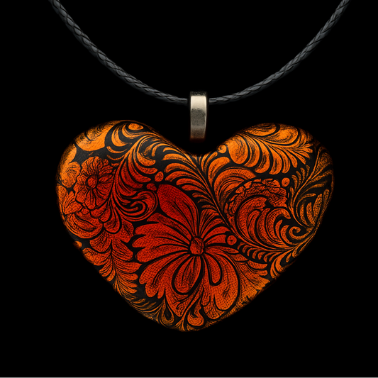 935-Red/Copper Floral Dichroic Glass Pendant