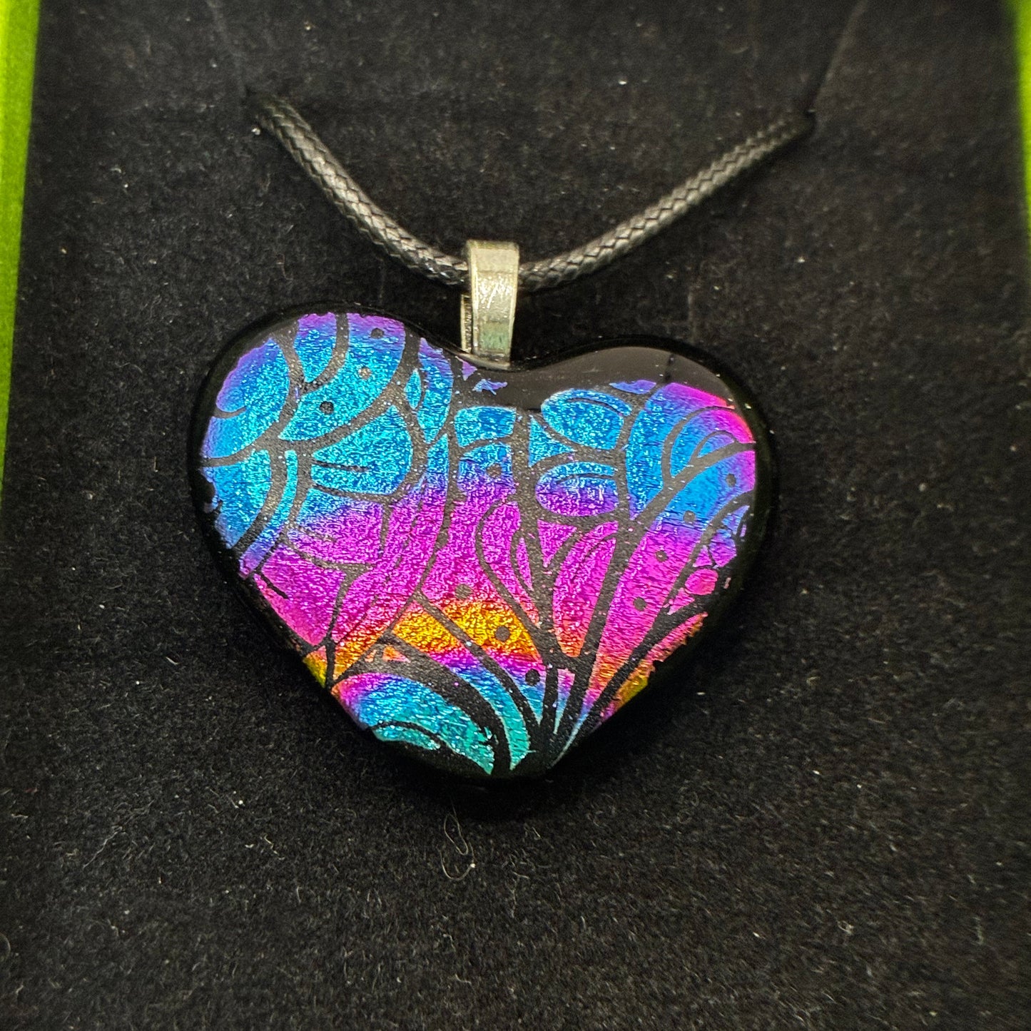 906-Multicolored Dichroic fused glass heart PENDANT.