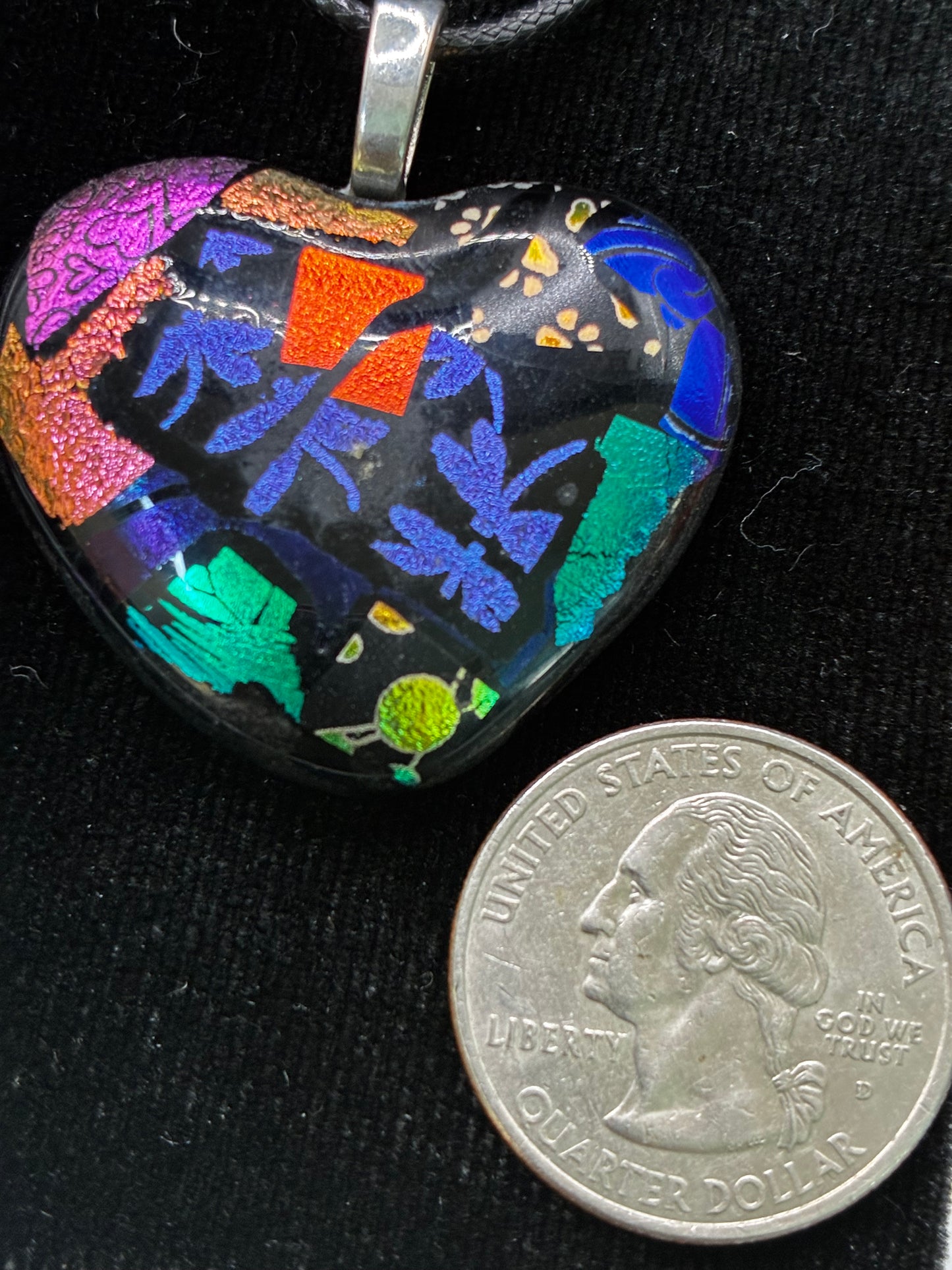 908-Multicolored Dichroic fused glass heart PENDANT.