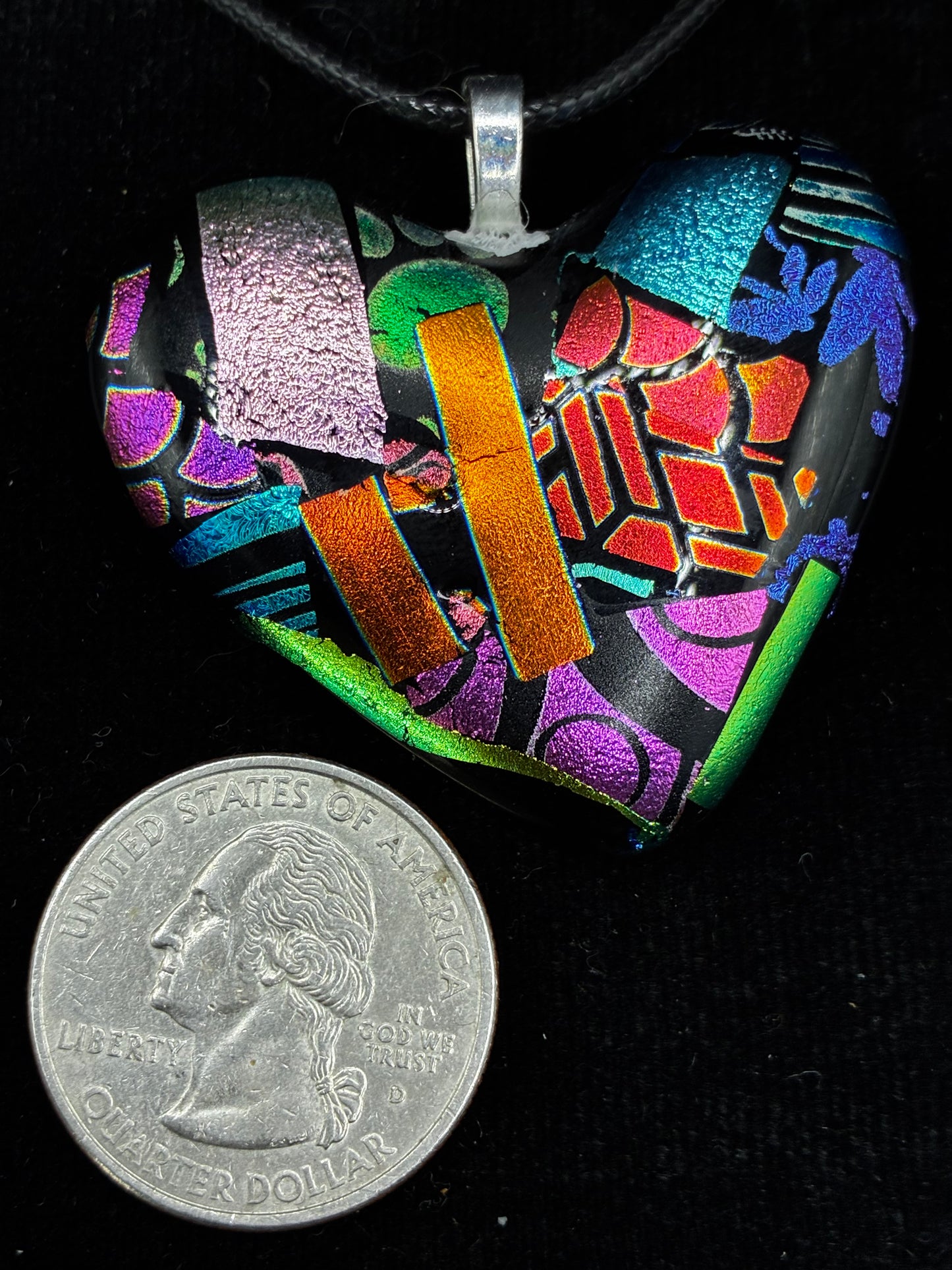 809-Multicolored Dichroic Fused glass heart PENDANT.