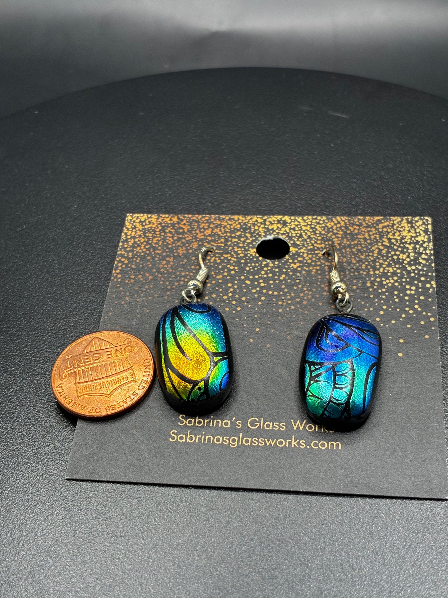 409-bluish/green with touches of gold, Dichroic earrings