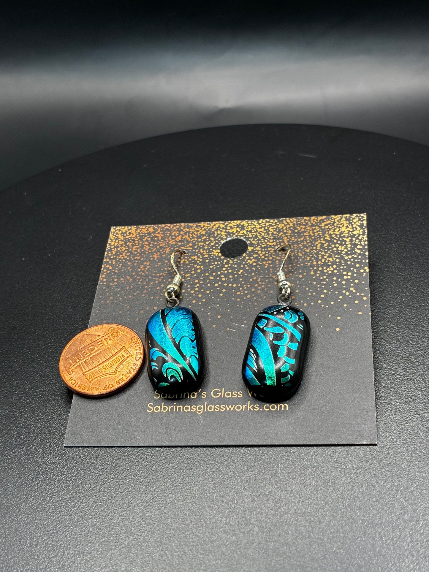410-Teal and black Dichroic glass earrings