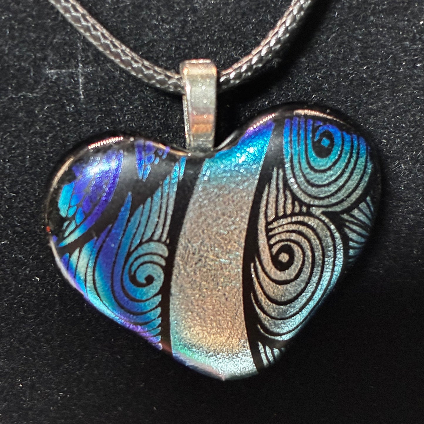 902- Blue/silver Dichroic fused glass heart PENDANT