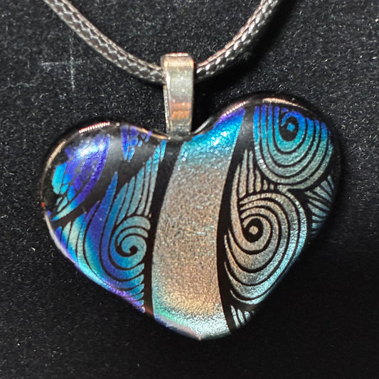 902- Blue/silver Dichroic fused glass heart PENDANT