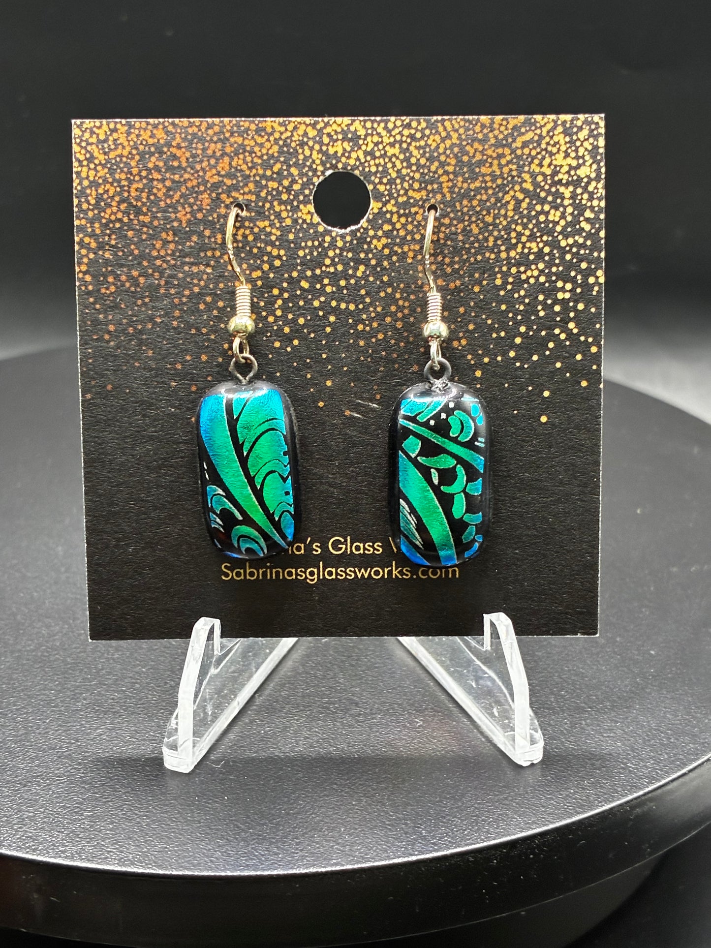 410-Teal and black Dichroic glass earrings