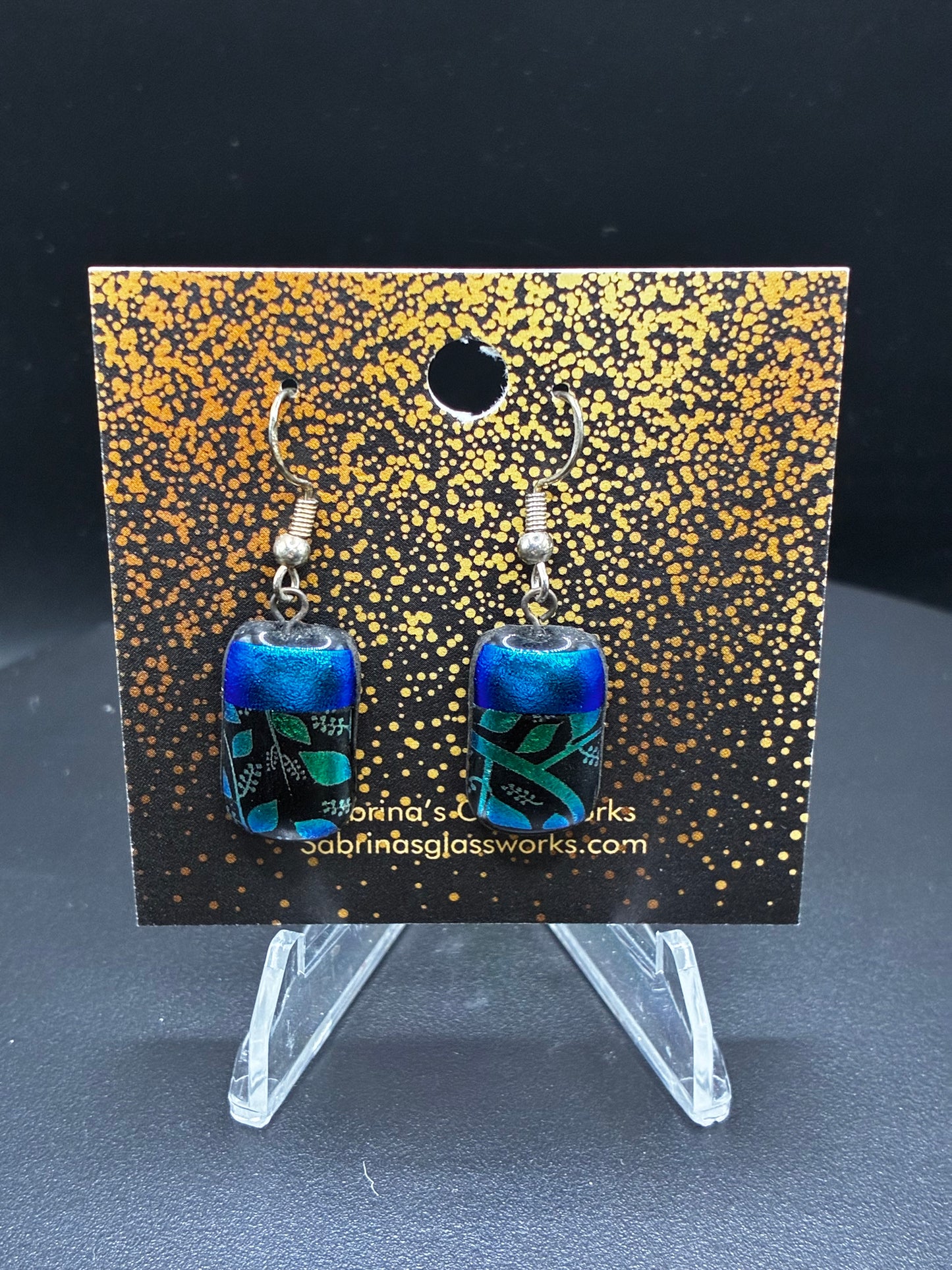 475-Blue and green vine Dichroic glass earrings