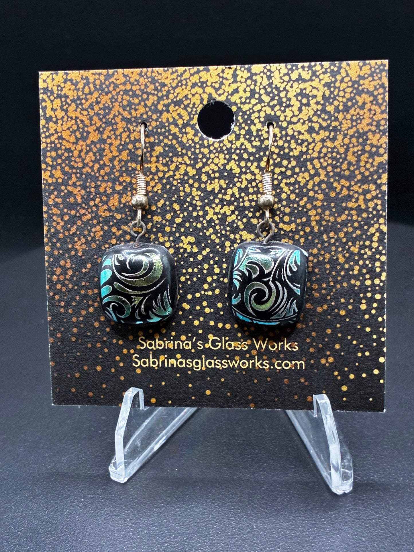 470-Green/black filigree Dichroic Earrings