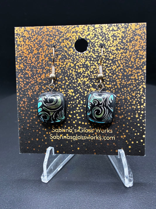 470-Green/black filigree Dichroic Earrings
