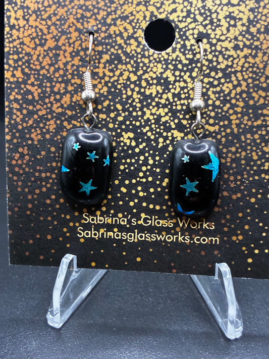 490- Teal Stars Dichroic Glass Earrings