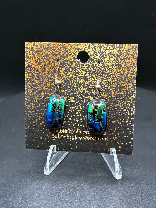 495-Bluish/Green heart Dichroic Glass Earrings