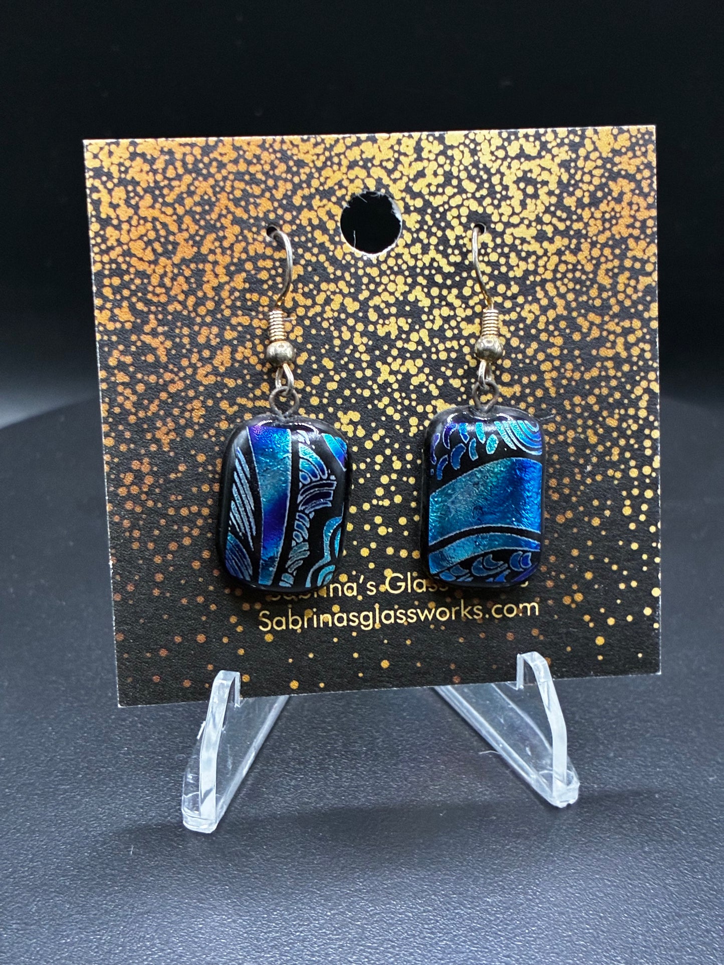486-Blue, silver and black Dichroic glass earring