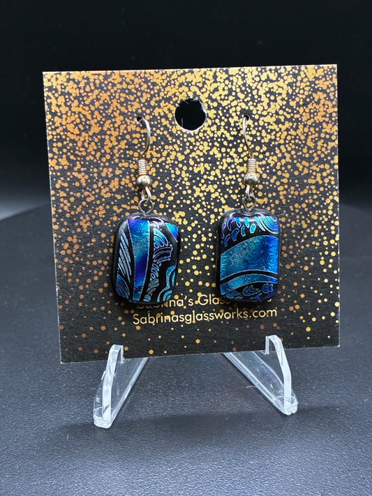486-Blue, silver and black Dichroic glass earring