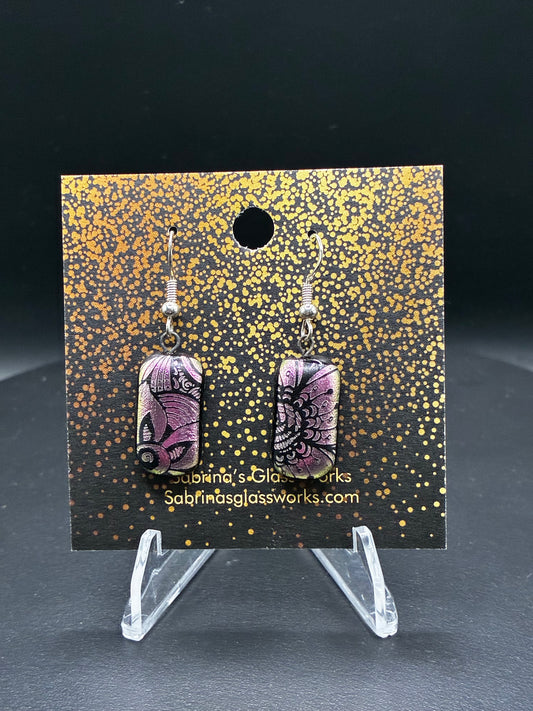 497-Pink and black Dichroic glass earrings
