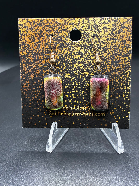 499-Pink and gold pastel Dichroic glass Earrings.