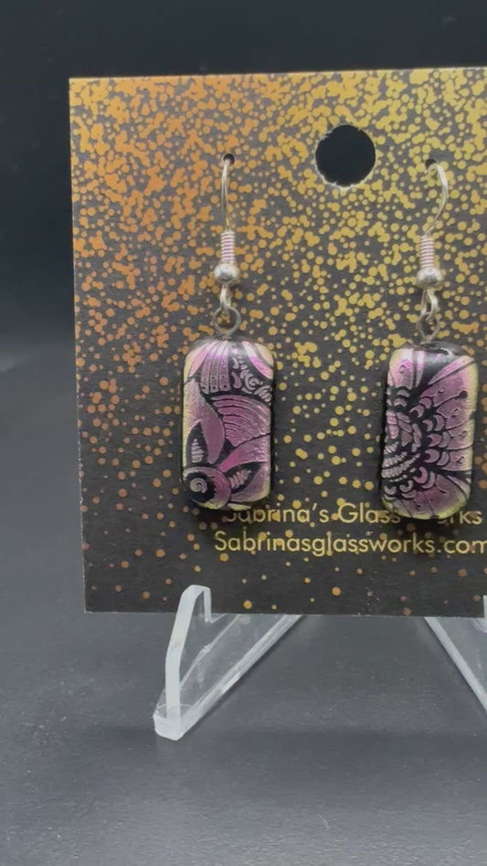497-Pink and black  Dichroic glass earrings